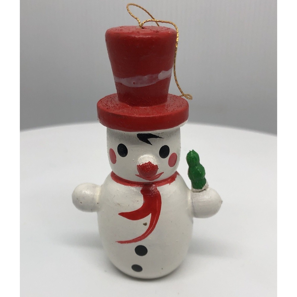 Vintage‎ Snowman Ornament Hand Painted Wooden 2.75" Christmas Decor Holding Tree